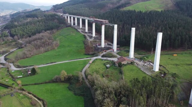 aerial view of the construction of a bridge for high speed train TAV in the Basque Country 