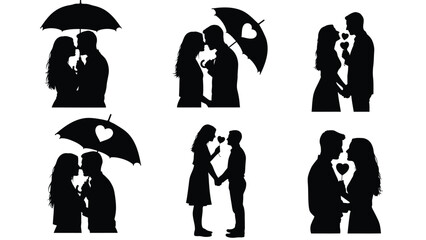 Black silhouettes of romantic couples kissing and holding hands under heart shaped and regular umbrellas white Silhouette vector on whit Background