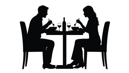 of a romantic couple eating dinner together at a restaurant table with wine white with romance and date Silhouette vector on whit Background