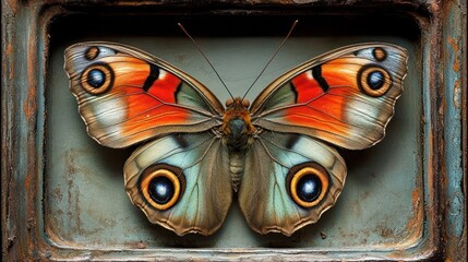 Detailed image of a butterfly, vibrant colors, framed in aged metal