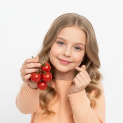 Adorable young girl showing finger heart while holding fresh organic cherry tomatoes for healthy lifestyle and nutritious diet concept