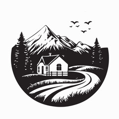 Village House Beside Road Image Vector Isolated on White Background