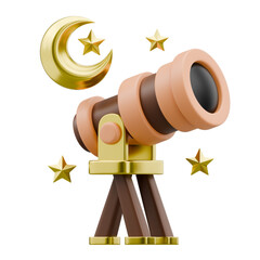 Modern 3D Illustration of a Telescope, Golden Crescent Moon, and Stars for Celestial Observation