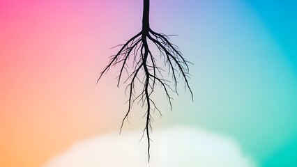 A delicate tree root hangs suspended against a vibrant multicolored gradient background with soft blended hues