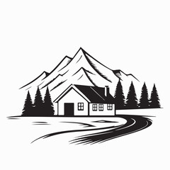 Village House Beside Road Image Vector Isolated on White Background