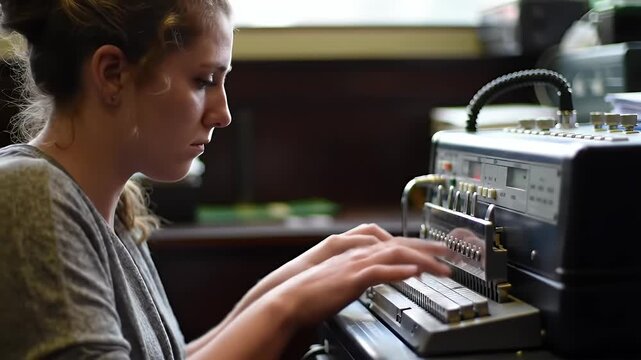 Young woman operating a vintage telegraph machine, capturing communication history in motion