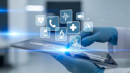 Doctor using tablet with medical icons and human anatomy hologram healthcare technology