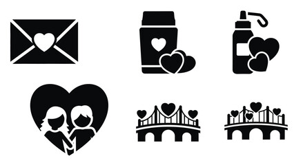 Black heart icons including envelope coffee cup spray bottle couple and bridges white with illustration Silhouette vector on whit Background