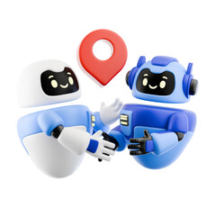 Robots shaking hands with a location pin, representing technology and connection