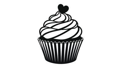 Black and white illustration of a cupcake with swirled frosting and a heart top white with valentine and sweet Silhouette vector on whit Background