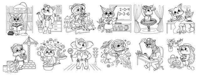 A set of 12 children's coloring pages featuring animals in various professions. A collection of line art characters. Cute cartoon animals and their jobs and activities