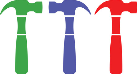 Three Colorful Hammers in Green Blue and Red tool
