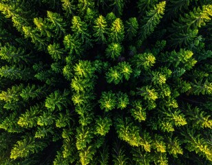 Aerial view showcases a dense forest of evergreen trees, highlighted by sunlight