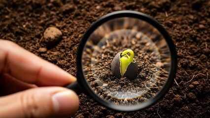 Magnifying glass examining a small seedling emerging from soil 