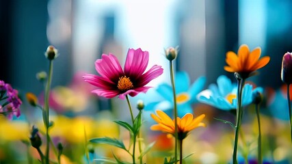 Spring booming. Life. New hope. Season. A vivid, colorful meadow with blooming flowers against a backdrop of a city skyline. The foreground is dominated by a variety of flowers.