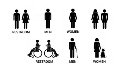 Accessible restroom signs for men and women isolated on transparent background