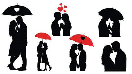 of romantic couples kissing and embracing under colorful umbrellas with heart shapes white with love and valentine Silhouette vector on whit Background