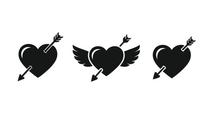Three black hearts with arrows and wings white for love and valentine's day concepts with icon and symbol Silhouette vector on whit Background