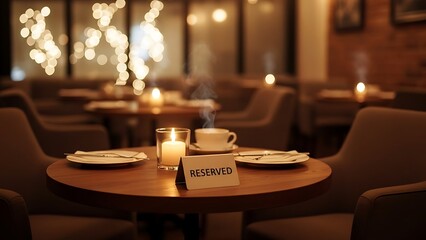 Reserved table in a cozy restaurant with lit candle and steaming coffee sign