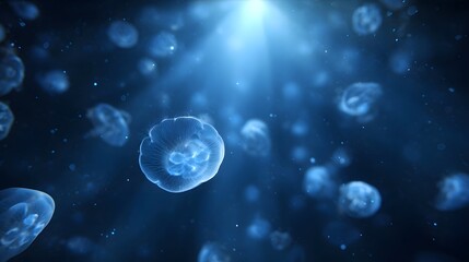 A school of translucent jellyfish gracefully float in the deep blue ocean illuminated by ethereal sunbeams