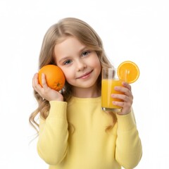 Happy Young Girl Holding Fresh Orange and Glass of Natural Juice, Concept of Healthy Breakfast and Vitamin C for Kids, Refreshing Lifestyle Isolated on White Background