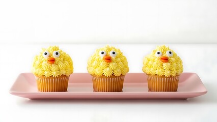Three Cute Yellow Chick Cupcakes on a Pink Tray dessert sweet