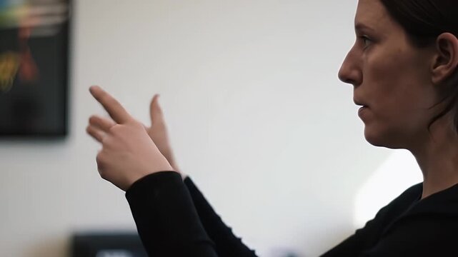 Woman Demonstrating Sign Language Gestures and Communication Techniques in a Workplace Setting