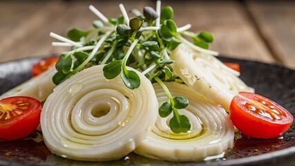 Exquisite fresh white onion or fennel salad appetizer elegantly arranged with vibrant green microgreens and halved cherry tomatoes generously drizzled with glistening olive oil presented on a dark ru.