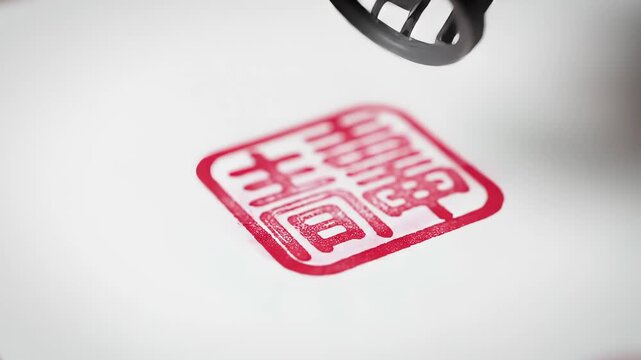 Hand Stamping Traditional Chinese Seal with Red Ink on White Paper. Close-up of an individual using a ceremonial chop or hanko to create an official imprint, representing signature or authentication.