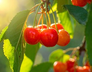 Bright cluster of red and orange cherries hangs from stems amongst lush green leaves, lit by warm sunlight