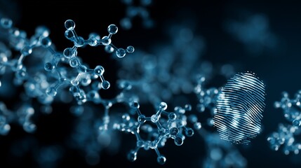 This image features intricate molecular structures alongside a distinct biometric fingerprint. The combination of chemical structures and fingerprints highlights themes of identity