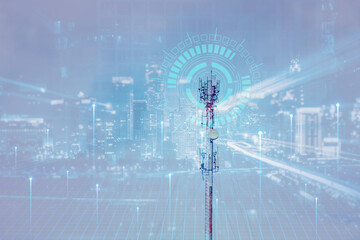 Telecommunication tower or Mobile phone tower with 5G cellular network . Global connection and internet network concept.on city background.