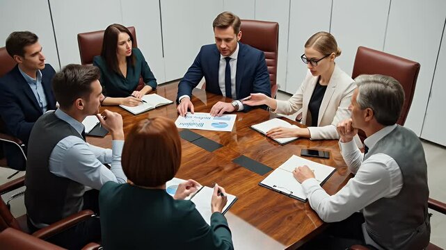Dynamic corporate team meeting, analyzing financial performance, and making strategic decision for future growth