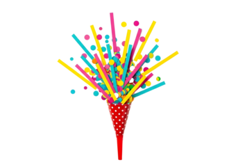 Colorful party popper with confetti and streamers on white isolated on transparent background
