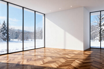 Obraz premium Bright Modern Living Room with Snowy Landscape View