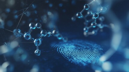 A close-up depiction of a blue fingerprint intertwined with delicate molecular structures showcases a connection between science and identity. The fingerprint and molecules highlig