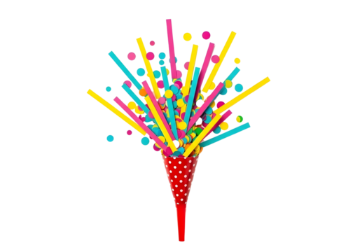 Colorful party popper with confetti and streamers on white isolated on transparent background - Powered by Adobe