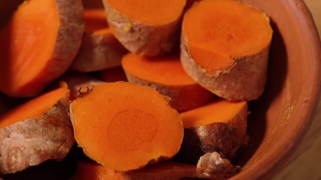 Close-up of sliced ​​fresh turmeric.