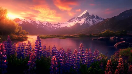 Spring booming. Life. New hope. Season. A vivid, highresolution digital artwork of a serene lakeside scene during sunset.