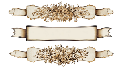 Luxury vintage gold floral ribbon banners set with ornate engraved details elegant decorative frames isolated on white background
