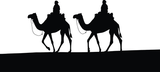 Camel riders silhouette on desert slope representing nomadic travel and exploration in minimalist vector style