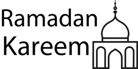 Ramadan Kareem greeting with mosque silhouette crescent moon and hanging lanterns in festive Islamic vector style