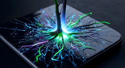 Glowing neural network emerging from smartphone screen with cracked display