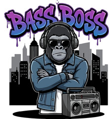 Cool Gorilla "Bass Boss" Urban T-Shirt Design with Boombox, Sunglasses, and Graffiti Cityscape