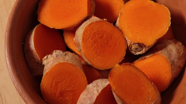 Close-up of sliced ​​fresh turmeric.