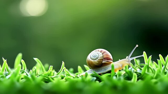 Spring booming. Life. New hope. Season. A closeup of a snail on grass, with a blurred green background. The snail is in the foreground, with its shell and antennae clearly visible.