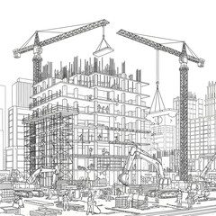 Fototapeta premium Construction Site with Cranes and Building Under Development.