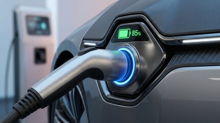 Electric vehicle charging station close-up urban environment technology focus high detail viewpoint