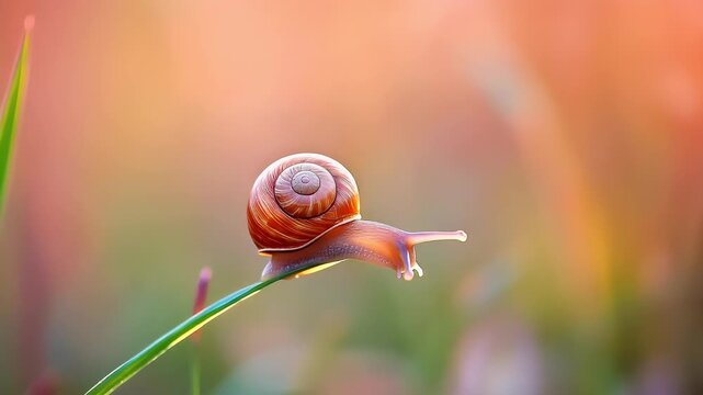 Spring booming. Life. New hope. Season. A closeup of a snail on a leaf. The snails shell is a rich brown with a spiral pattern. The leaf its on is a vibrant green.