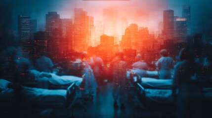 A dramatic scene showing a city skyline at dusk, with medical personnel in the foreground, creating a juxtaposition of urban life and healthcare.